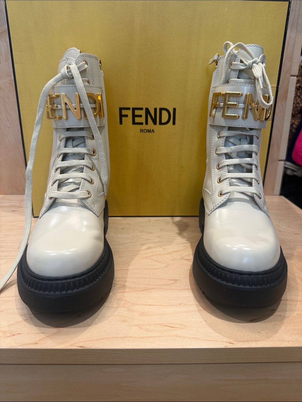 NEW! Fendi Cream Lace-Up Combat Boots with Black Sole and Gold Logo with box